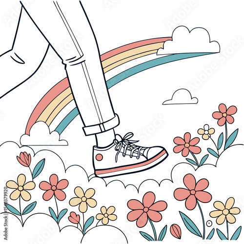 A person wearing jeans and sneakers walking through a field of flowers under a rainbow and some clouds