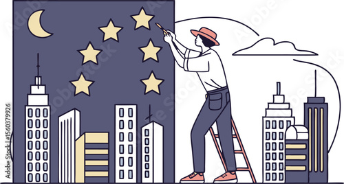 Person on ladder painting stars on a building in a city at night with a moon and other buildings shown