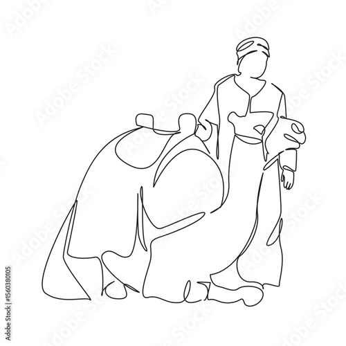 One continuous single drawing line art flat doodle camel, animal, sand, adult, bedouin people, desert area, turban. Isolated image hand draw contour on a white background, hand drawn, not AI