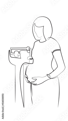 One continuous line drawing on white isolated background. Minimalism linear illustration. pregnant, woman, mother, weight, people, adult, lifestyle, weight scale, healthy lifestyle