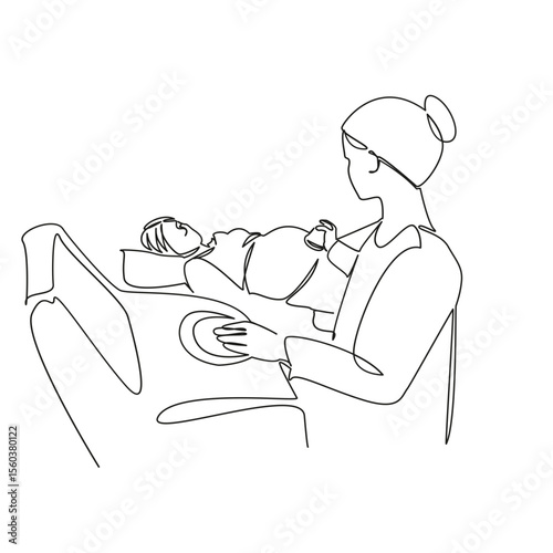 One continuous single drawing line art flat doodle doctor, ultrasound, pregnant, hospital, technology, patient, mother, clinic. Isolated image hand draw contour on a white background, hand drawn, not 