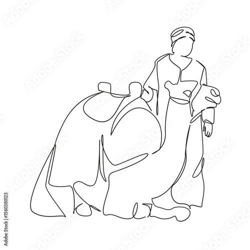 One continuous single drawing line art flat doodle camel, animal, sand, adult, bedouin people, desert area, turban. Isolated image hand draw contour on a white background, hand drawn, not AI