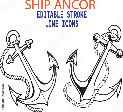 Ship Anchor Line Art Vector Illustration with Editable Stroke - anchor, ship, boat, sea, ocean, vector, illustration, line, perfect for icons and logos