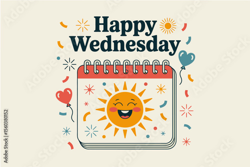 Cheerful Wednesday calendar with a smiling sun, balloons, and confetti. Suitable for social media, greeting cards, or event promotions.