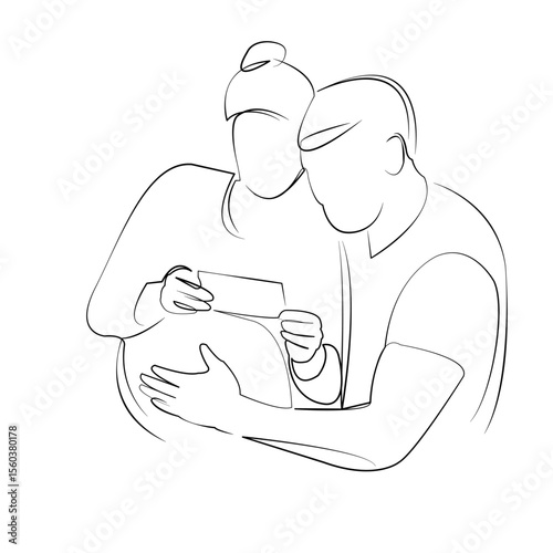 One continuous line drawing on white isolated background. Minimalism linear illustration. person, mother, father, ultrasound, family, husband, wife, looking, man, pregnant
