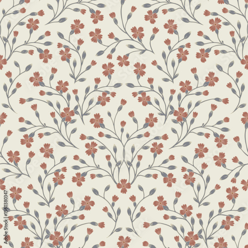 Pattern in the style farmhouse.  Vechochka with red flowers on beige background.