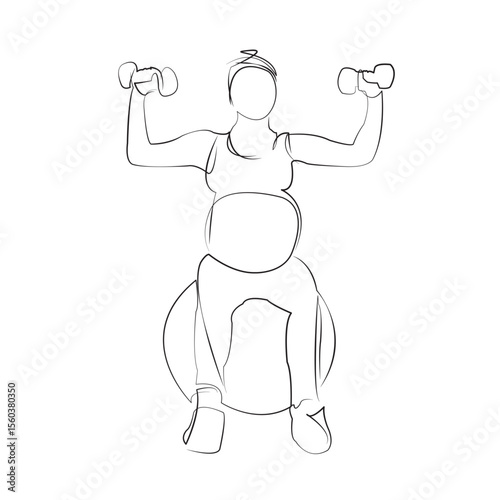 One continuous line drawing on white isolated background. Minimalism linear illustration. exercising, dumbbell, pregnant, adult, lifestyle, woman, indoor, person, healthy lifestyle