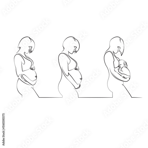 One continuous line drawing on white isolated background. Minimalism linear illustration. mother, care, new life, pregnant, adult, baby - human age, mid adult, anticipation, bonding, embracing