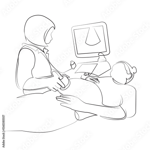 One continuous line drawing on white isolated background. Minimalism linear illustration. doctor, pregnant, patient, obstetrician, expertise, ultrasound, new life