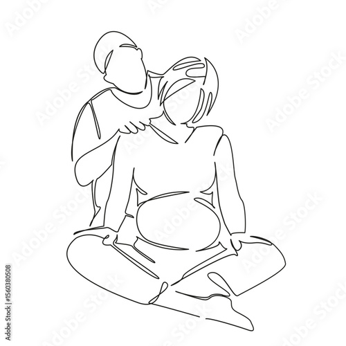 One continuous single drawing line art flat doodle mother, husband, pregnancy, shoulder, wife, belly, massaging. Isolated image hand draw contour on a white background, hand drawn, not AI