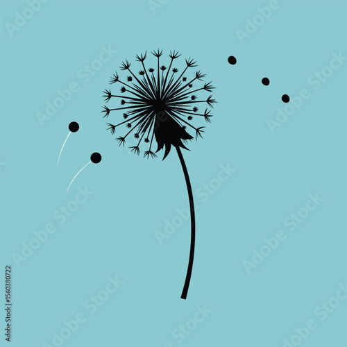 Silhouette of dandelion puff blowing seeds flying away nature floral delicate airy vector illustration