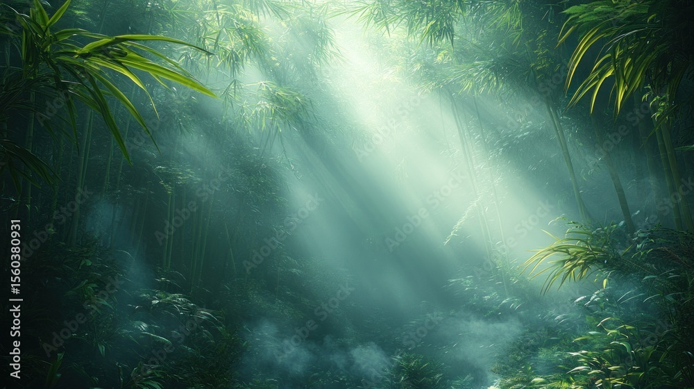 Fototapeta premium Sunbeams pierce misty jungle