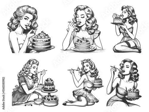 women enjoying slices of cake Set collection bundle sketch engraving generative ai vector illustration. Scratch board imitation. Black and white image.