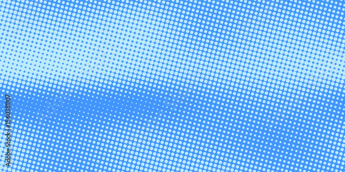 Blue halftone pattern. Retro comic gradient background. Bright pixelated dotted texture overlay. Cartoon pop art faded gradient pattern. Vector backdrop