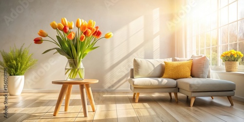 Sunlit Living Room with Vibrant Tulip Bouquet and Comfortable Sectional Sofa