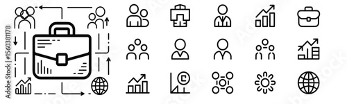 Business Outline Vector Icon Pack Set, A professional collection of 16 high-resolution line icons representing finance, office, strategy, management, teamwork, leadership, and corporate growth
