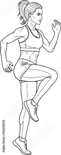 A dynamic black and white line art illustration of a muscular woman with a ponytail, in a running or high-knee stance, showcasing her athletic physique.