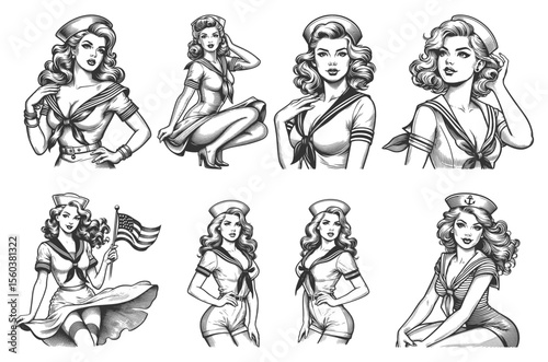 Pin-Up Sailor Girl Set collection bundle sketch engraving generative ai vector illustration. Scratch board imitation. Black and white image.