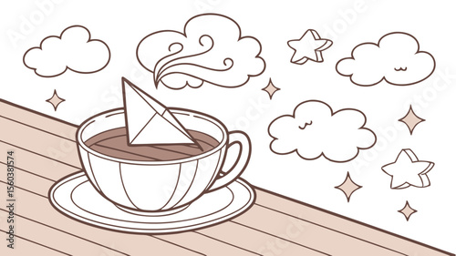 Illustration of a paper boat in a cup of coffee with clouds and stars on a wooden surface scene