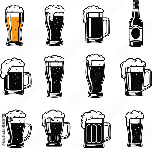 A comprehensive vector set showcasing various beer glasses and mugs, all topped with frothy foam, alongside a beer bottle