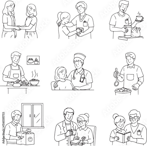  Nine outline illustrations depicting acts of kindness and care, including helping, cooking, and sharing among people of different ages.