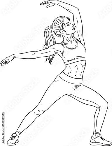  Dynamic outline drawing of a fit woman in athletic wear performing a stretching or yoga pose
