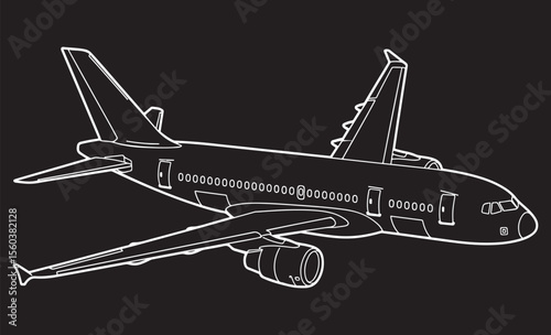 A clean, white outline drawing of a commercial passenger airplane in flight, viewed from a slightly elevated side angle, isolated on a white background.