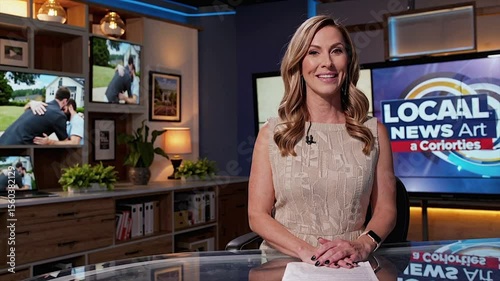 Seamless Loop video of Regional news presenter seated in broadcast studio reading stories,Generative AI