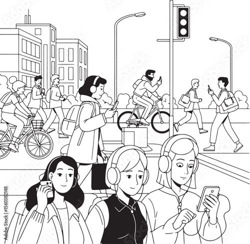 A detailed black and white outline illustration depicting a busy city street with various people.