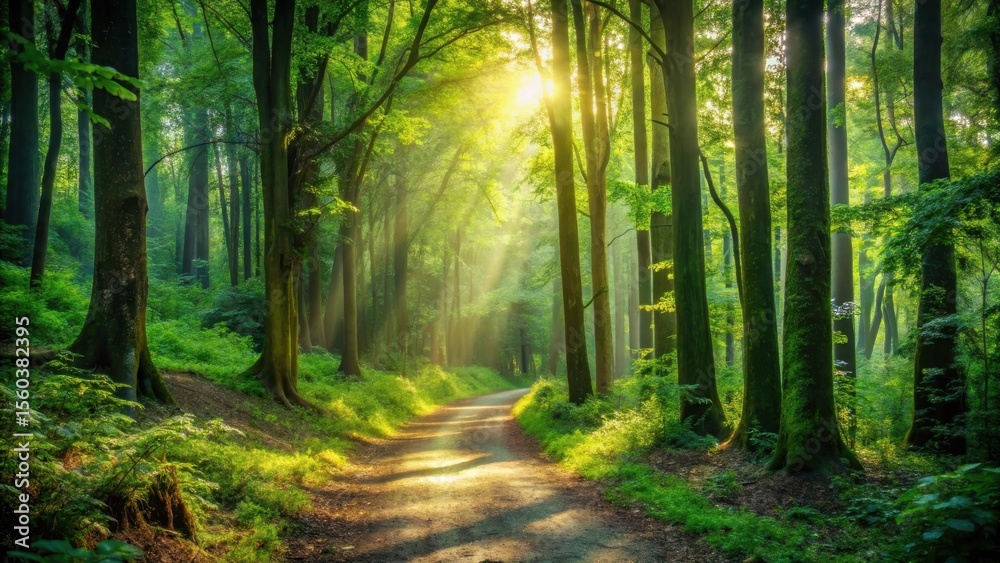 Naklejka premium Sunlit Path Through a Verdant Forest, Illuminated by Golden Rays of Morning Sun, Casting Magical Shadows on Lush Undergrowth