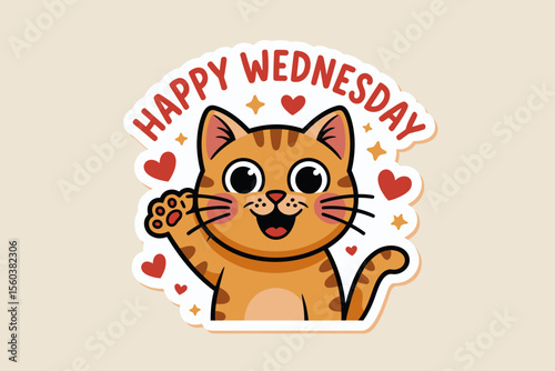 Happy Wednesday sticker with an orange waving cat, perfect for adding cheer to digital content, websites, social media posts, and messages.