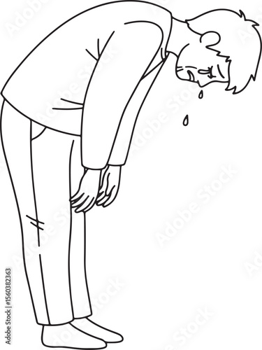  a black and white line art illustration of a man bowing deeply, with tears streaming from his eyes and a teardrop falling
