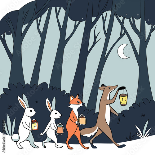 Illustration of rabbits and foxes walking through a forest at night carrying lanterns under a crescent moon