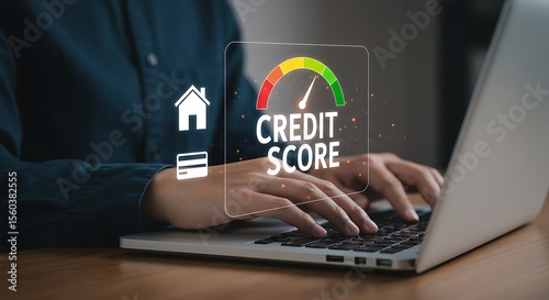 Person Checking Credit Score on Laptop Screen Showing Gauge Red Green Yellow Home Credit Card Icons credit rating