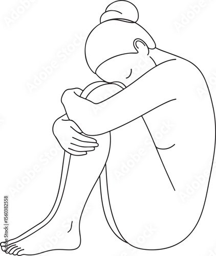  minimalist black and white line art illustration of a person in a seated, huddled position.