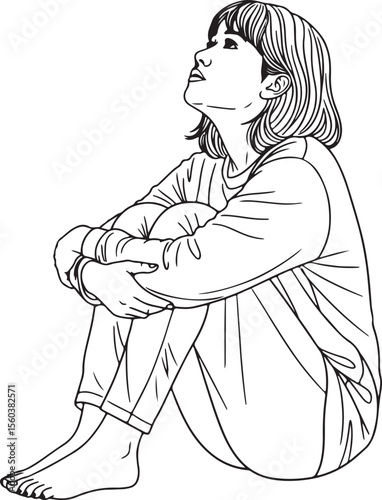 a detailed black and white line art illustration of a young woman sitting in a pensive or contemplative pose, looking upwards.