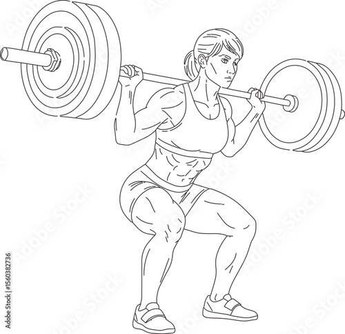 A detailed black and white outline illustration of a muscular woman with a ponytail performing a barbell back squat.