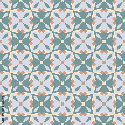 Elegant geometric floral tile pattern featuring soft pastels and symmetrical star motifs, perfect for modern home decor, wallpapers, fabric prints, and artistic digital backgrounds.