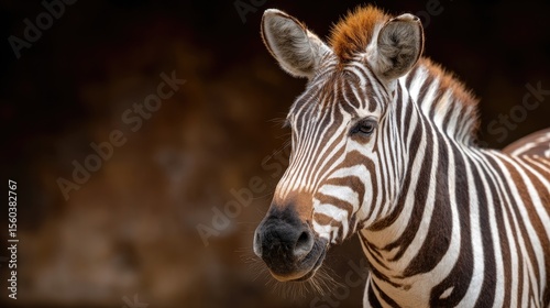 Zebra showcases its unique black and white stripes complemented by an orange mane, set against a dramatic dark background