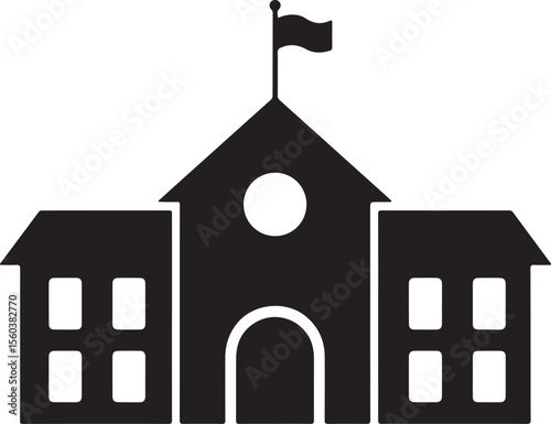 Traditional Schoolhouse Drawing in Black and White with Flag, Bell Tower, and Windows