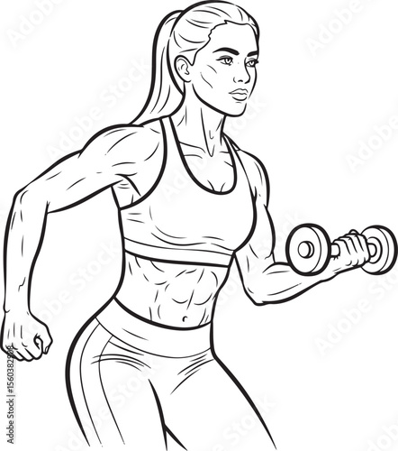  dynamic black and white line art illustration of a muscular woman with a ponytail, performing a bicep curl with a dumbbell.