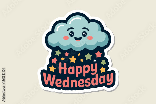 Cute happy Wednesday cloud magnet with colorful stars. Perfect for uplifting mood in personal or commercial designs and projects.