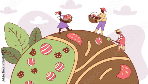 Farmers harvesting crops on a hill with strawberries and other produce in baskets and using a hoe tool