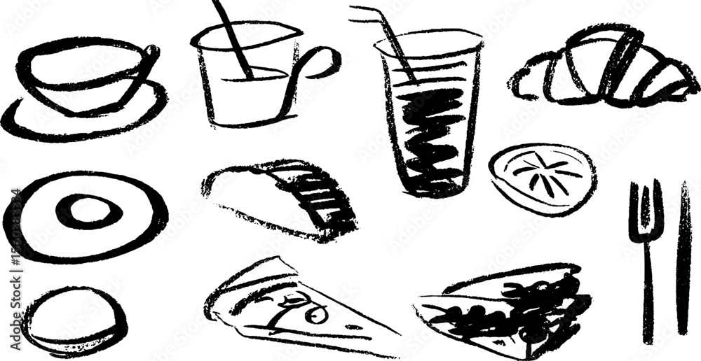 Hand-drawn coffee cup and croissant with breakfast foods design for posters