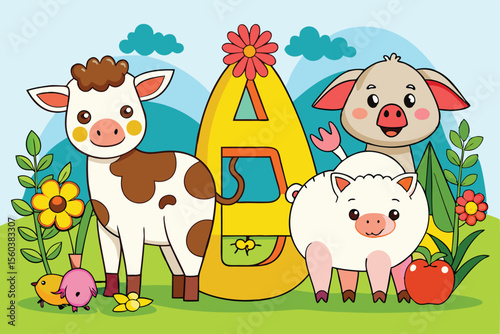 Cute cartoon cows and a calf graze in a green meadow under a bright sky, a fun farm illustration for kids