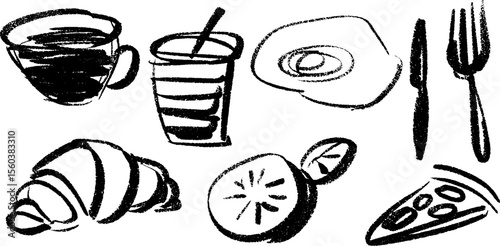 Morning breakfast sketch with coffee cup, croissant, and fried egg