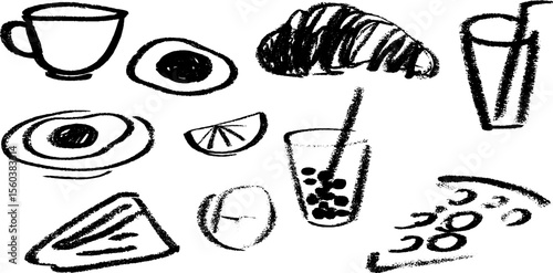 Breakfast elements conceptual sketch featuring coffee, croissant, fried egg, and more