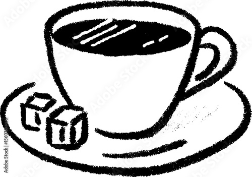 Hand-drawn coffee cup on saucer with sugar cubes for cafe designs