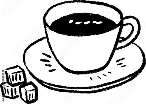 Hand drawn sketch of coffee cup with saucer and sugar cubes for cafe design