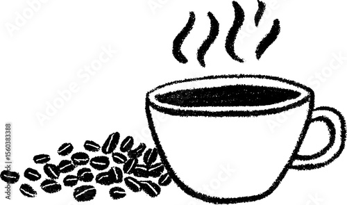 Hand drawn sketch of coffee mug with steam and beans for cafe or kitchen decor